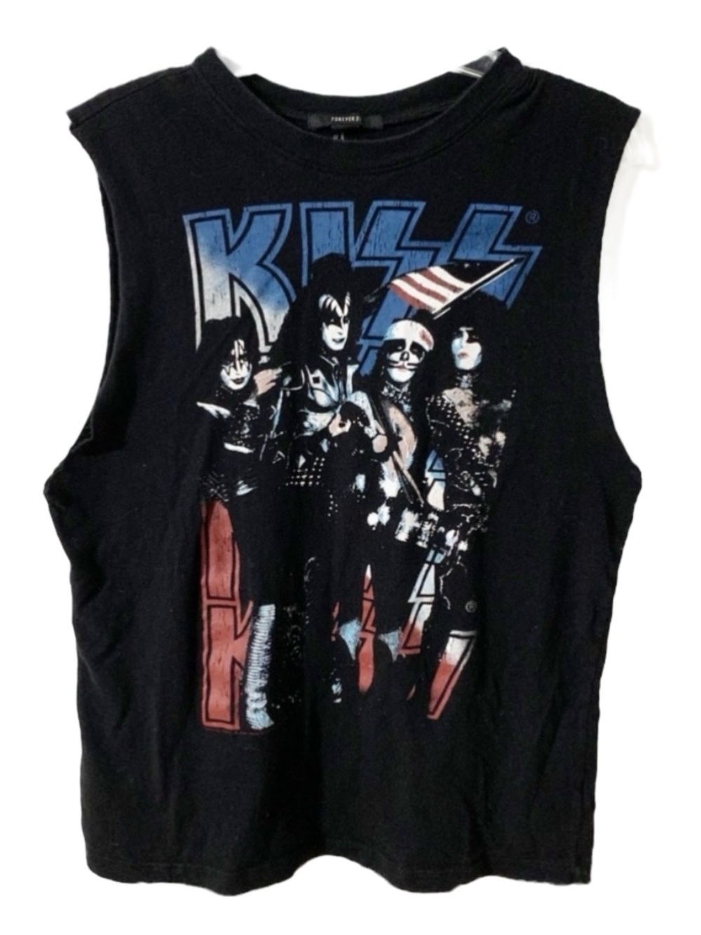 Forever 21 KISS Band Sleeveless Tee Shirt Tank Raw Hem at Arm KISS Band Graohic
